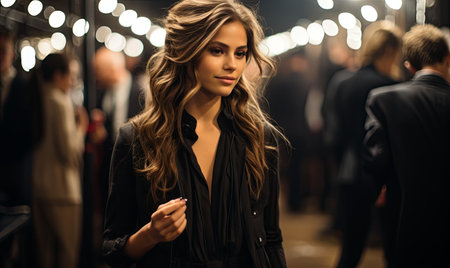 A woman confidently standing before a large group of people, capturing their attention.の素材