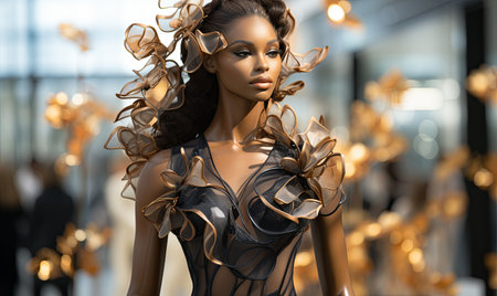 A woman confidently walks down a fashion show runway, showcasing a stylish dress.の素材