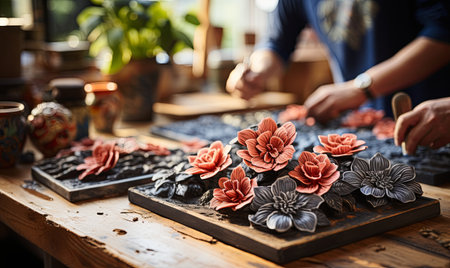 A person carefully arranging a bouquet of flowers on a wooden table.の素材