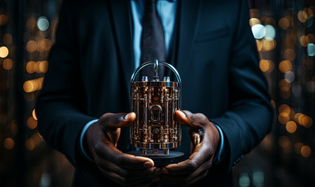 A man in a suit holding a detailed model of a building, displaying architecture plans.の素材