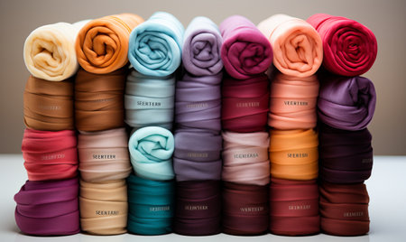A stack of vibrant scarves in various colors neatly arranged on top of each other.の素材