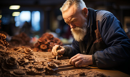 A man focused on carving a piece of wood with tools in a workshop setting.の素材