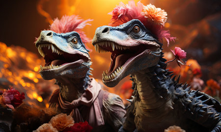 Two dinosaurs, adorned with flowers in their hair, stand side by side in a playful and whimsical display.の素材