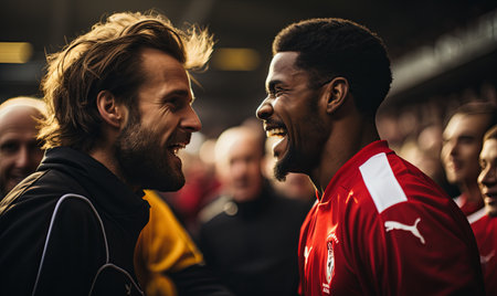 Two men standing together next to each other in a casual pose.の素材