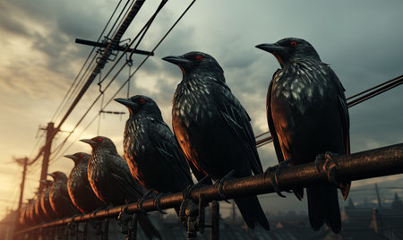Multiple birds are sitting on top of a tall metal pole.の素材