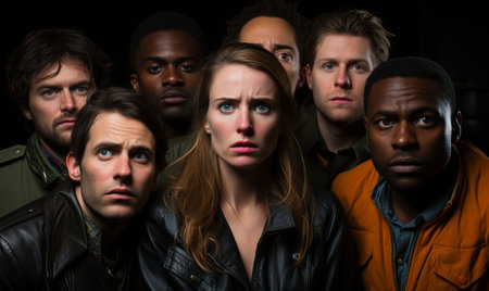 A diverse group of individuals standing closely together in a social gathering or event.の素材