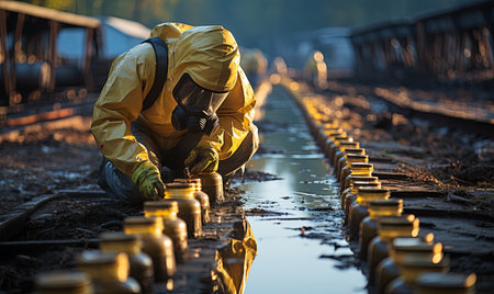 A man wearing a yellow protective suit is working on a train track.の素材