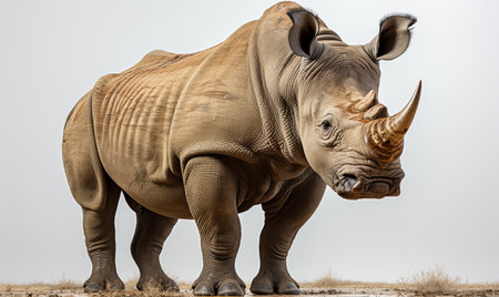 A rhino standing on top of a dry grass field, under the clear sky.の素材