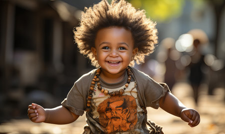 A small child with a big smile on their face, taking their first steps with outstretched arms.の素材