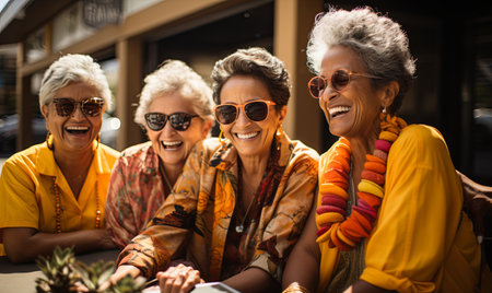 A group of senior women sitting beside each other, sharing laughter and camaraderie.の素材