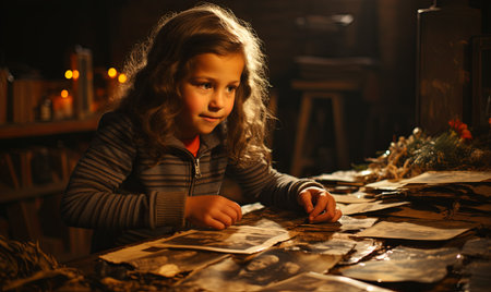 Young girl sitting at a table, looking at family photos, reminiscing about past memories.の素材