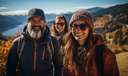 A group of retirees standing proudly on the summit of a mountain after a challenging hike.の素材