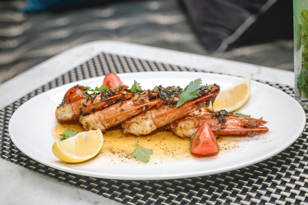 A white plate with fresh shrimp and lemon wedges neatly arranged on top.の写真素材