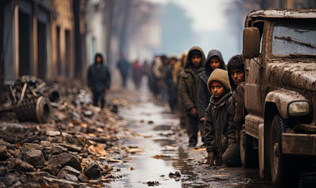 A group of individuals walking down a street alongside a truck on a sunny day.の素材