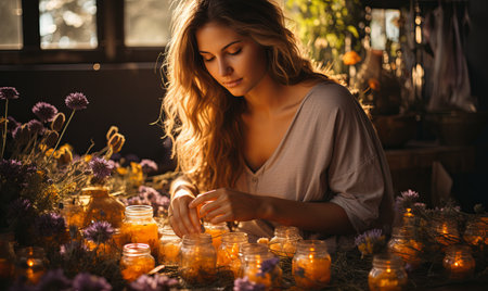 A woman sitting in front of a table with a collection of lit candles, creating a warm and cozy atmosphere.の素材