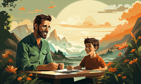 A man and a boy are seated at a table.の素材