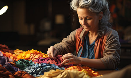 A woman sits at a table, focused on sewing a piece of cloth with a needle and thread.の素材