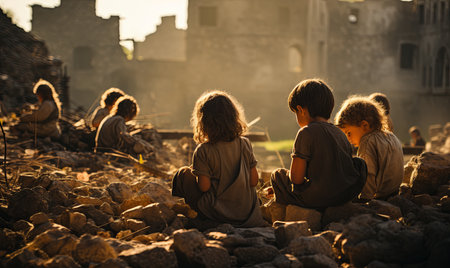 Several kids sitting atop rocks in a group outdoors.の素材