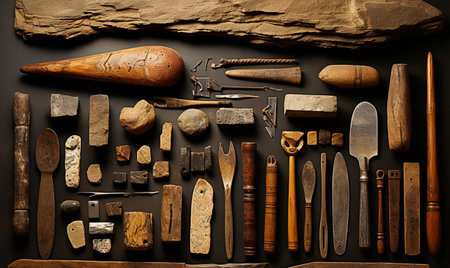 Various tools neatly arranged and displayed on a table, including wrenches, screws, hammers, pliers, and screwdrivers.の素材
