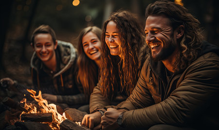 A diverse group of individuals sitting together in a circle around a crackling campfire.の素材