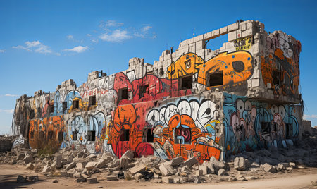 A building covered in colorful graffiti art on the side, reflecting urban street culture and creativity.の素材