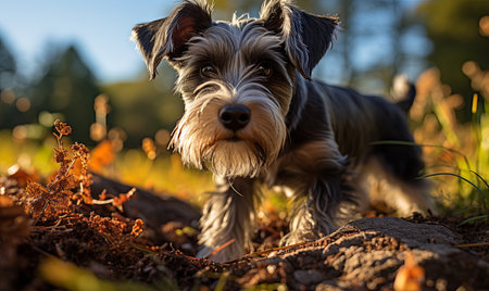A small dog stands on a grass-covered field, looking around curiously in a sunny day.の素材