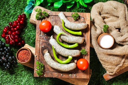 A variety of freshly harvested vegetables arranged neatly on a wooden cutting board.の写真素材