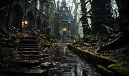 A dark forest with a set of stairs leading up to a building in the distance.の素材