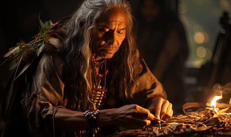 A Native American man seated at a table with a glowing candle.の素材