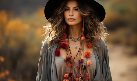 A woman is elegantly wearing a hat and a necklace, adding a touch of sophistication to her appearance.の素材