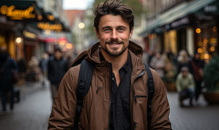 A man with a backpack is walking along the street.の素材