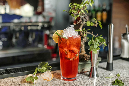 A detailed shot capturing a glass of drink placed on a table.