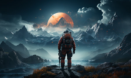 A man standing on a mountain peak at night, illuminated by a full moon.の素材