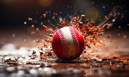 A red and white baseball ball is shown hitting the ground outdoors.の素材