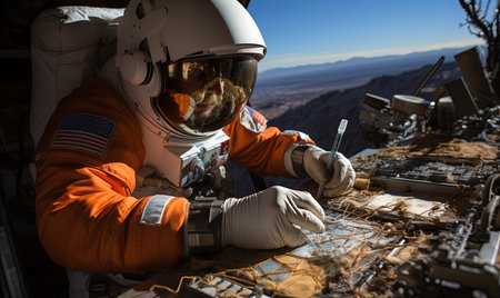 A man in an orange space suit is seated at a table.の素材