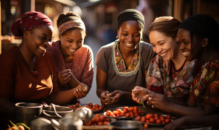 A group of women are gathered around a table filled with food.の素材