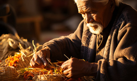 An elderly man focusing intently as he weaves a basket with intricate patterns using natural materials.の素材