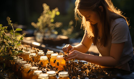 A woman is seated at a table surrounded by various jars of honey.の素材