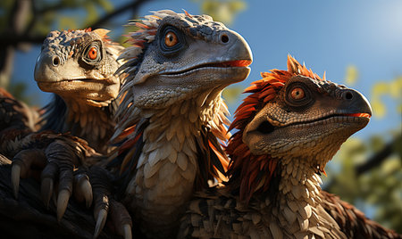 Close-up view showing three diverse bird species perched together.の素材