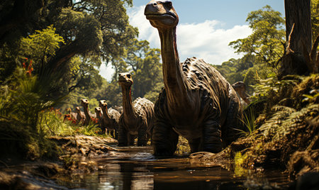 A collection of dinosaurs moving through a lush forest setting.の素材