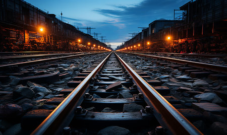 A train track glows with lights at night, creating a striking urban landscape.の素材
