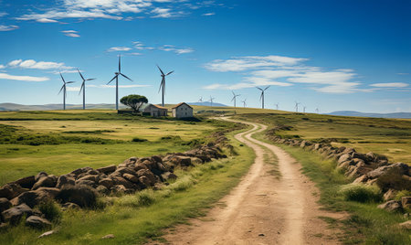 A dirt road passes through a vibrant green field under a clear sky.の素材