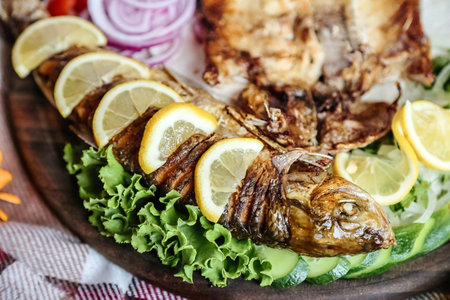 A plate of food showcasing delicious shrimp, tangy lemons, and savory onions.の写真素材