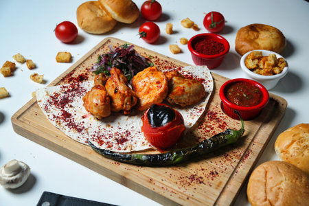 A wooden cutting board filled with a variety of delectable food items, ready to be enjoyed.の写真素材