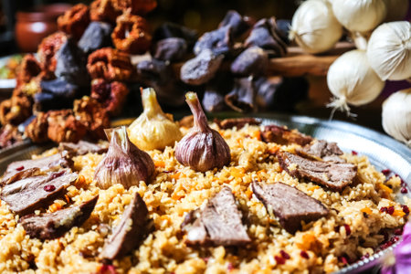 A detailed photograph capturing a mouthwatering assortment of food arranged meticulously on a table.の写真素材