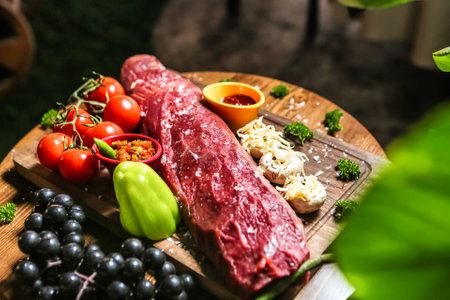 A wooden cutting board is topped with various cuts of meat and fresh, colorful vegetables, ready to be prepared into a delicious meal.の写真素材