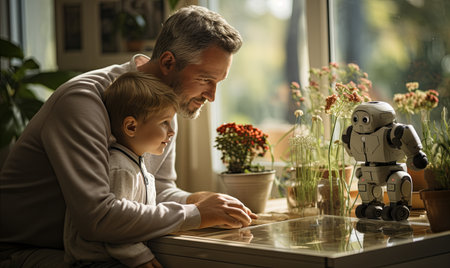 A man and a child are examining a robot closely.の素材