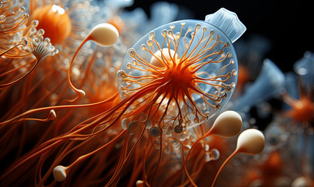 Detailed view of an orange and white sea anemone in the ocean.の素材