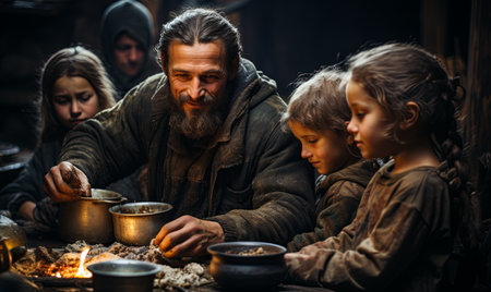 A man with a beard sitting at a table with two children engaged in an activity together.の素材