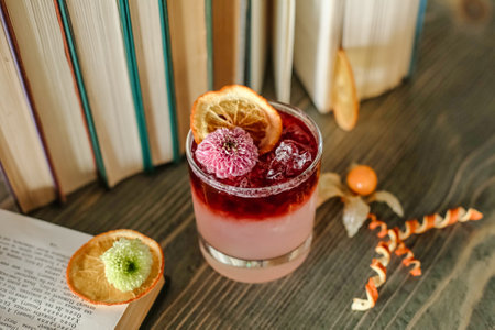 A cold drink garnished with a slice of orange and a candy cane, showcasing a festive and citrusy twist.の写真素材